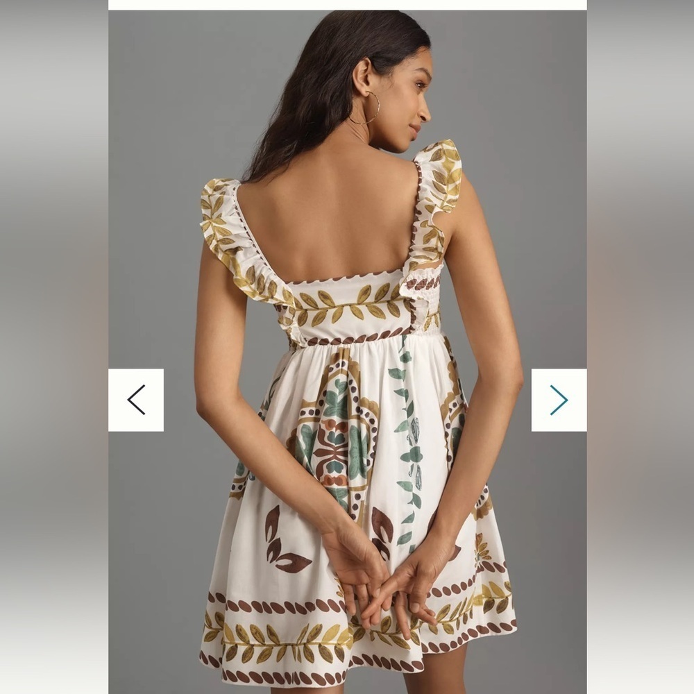 Anthropologie Ruffle-Sleeve Square-Neck Mini Dress Color:NEUTRAL MOTIF Large NWT - Picture 3 of 7